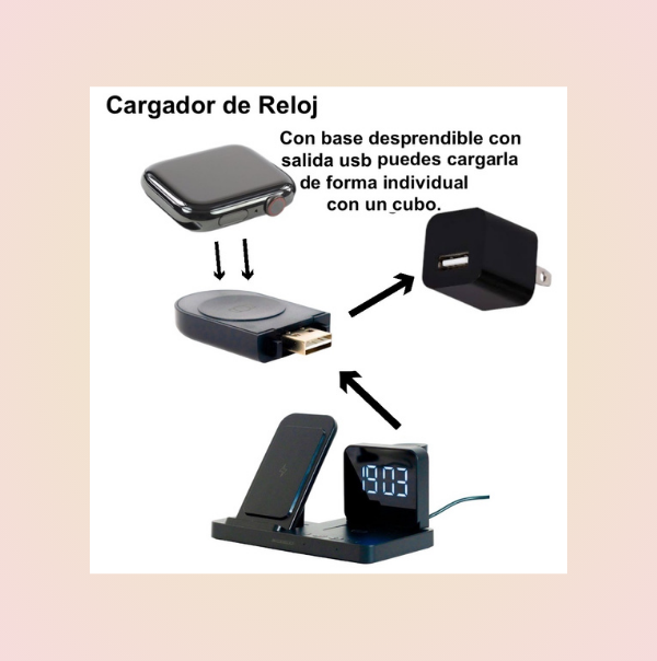 Base De Carga Inalámbrica 4 En 1 Reloj/ Celular/ Audífonos/ Alarma despertador