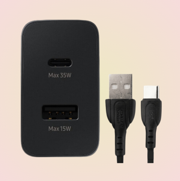 Cubo Cargador Carga Rápida con 2 Puertos Turbo Tipo-C y USB-A de 35W PD más Cable Gratis