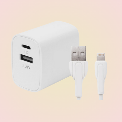 Cargador de Pared 2 Puertos Tipo C y USB de 20W